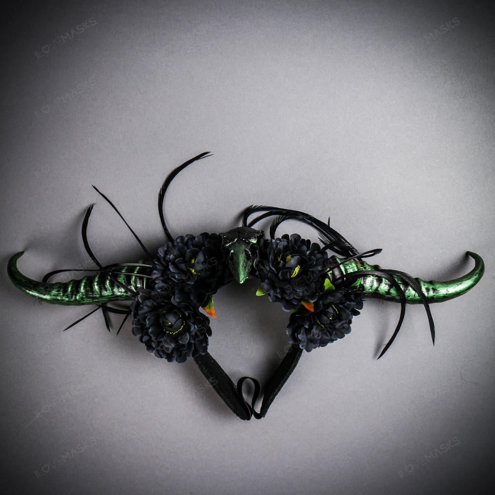 Gothic Demon Long Horn with Flower Head Piece - Black Green - Picture 2 of 6